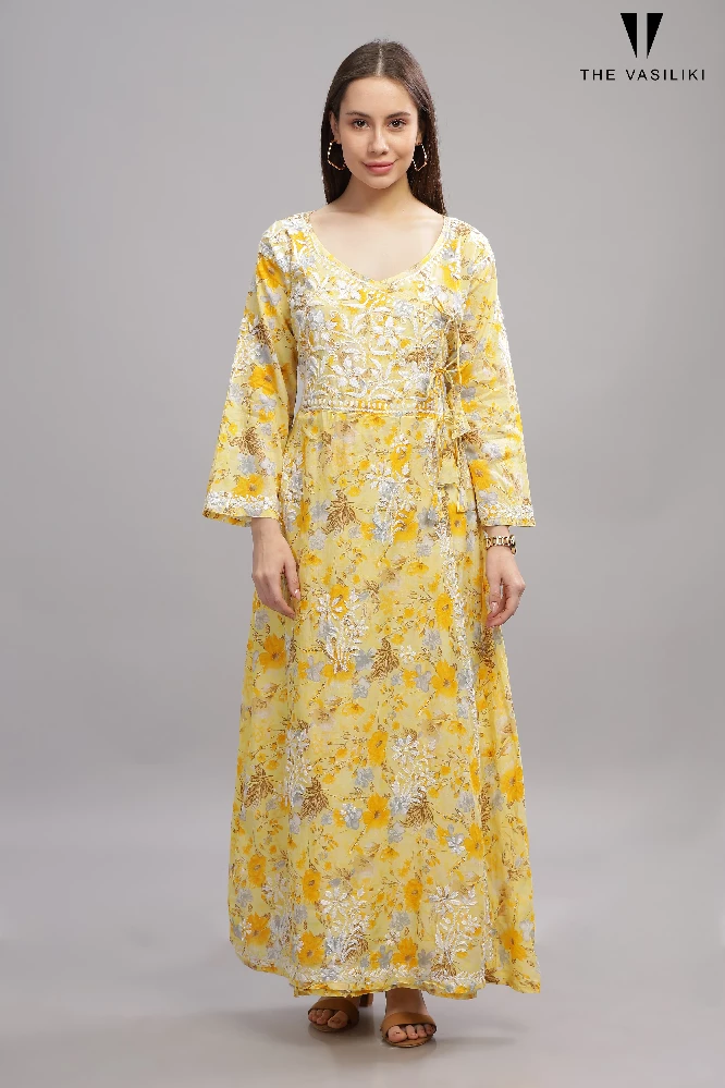 Flowery Yellow Mulmul Cotton Anarkali Gown with White Chikankari Embroidery-1.webp